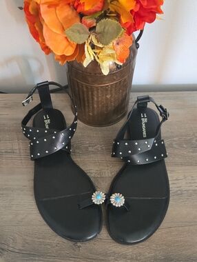 No Boundaries Black Studded Ankle-Strap Sandals with Turquoise Flower Accents